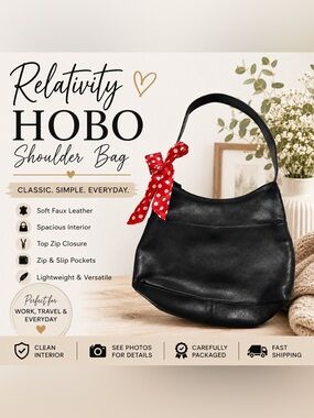 Relativity Black Faux Leather Hobo Shoulder Bag Minimalist Everyday Purse